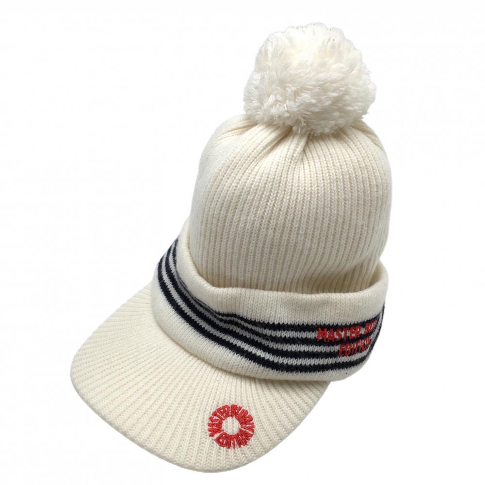 【美品】マスターバニー つば付ニット帽 白×ネイビー 一部ボーダー ウール混 裏起毛 ボンボン付 FR  ゴルフウェア MASTER BUNNY EDITION