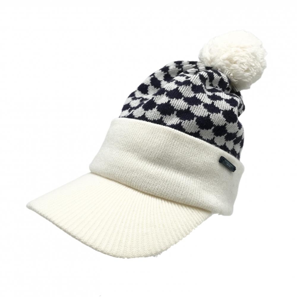 【超美品】マスターバニー つば付ニット帽 白×ネイビー 一部総柄 ボンボン付 FR  ゴルフウェア MASTER BUNNY EDITION