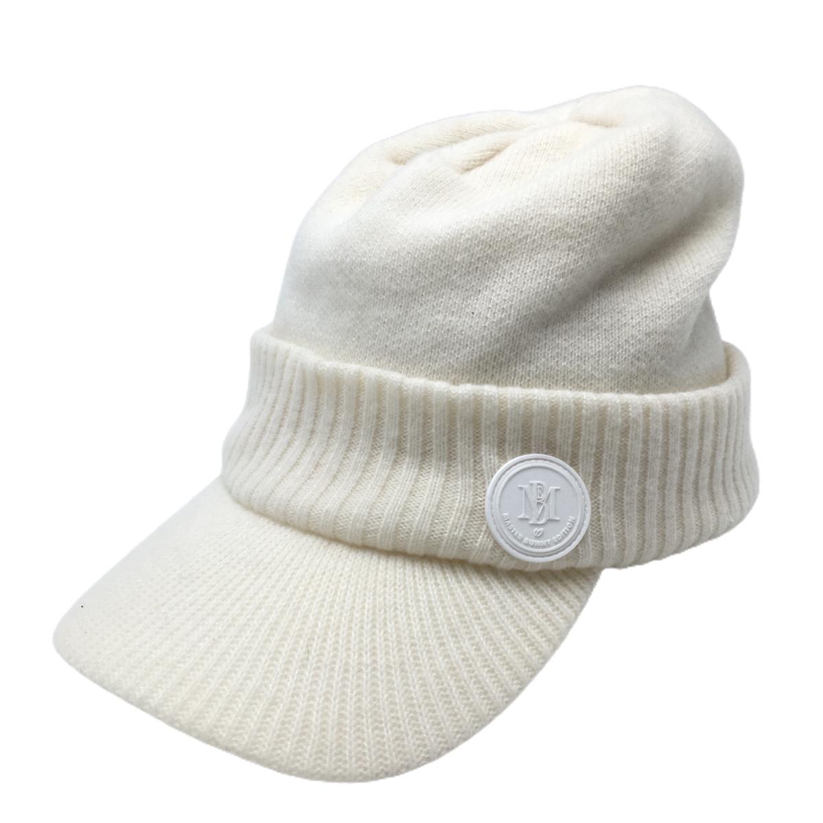 【美品】マスターバニー つば付ニット帽 白 内側フリース ウール混 FR  ゴルフウェア MASTER BUNNY EDITION
