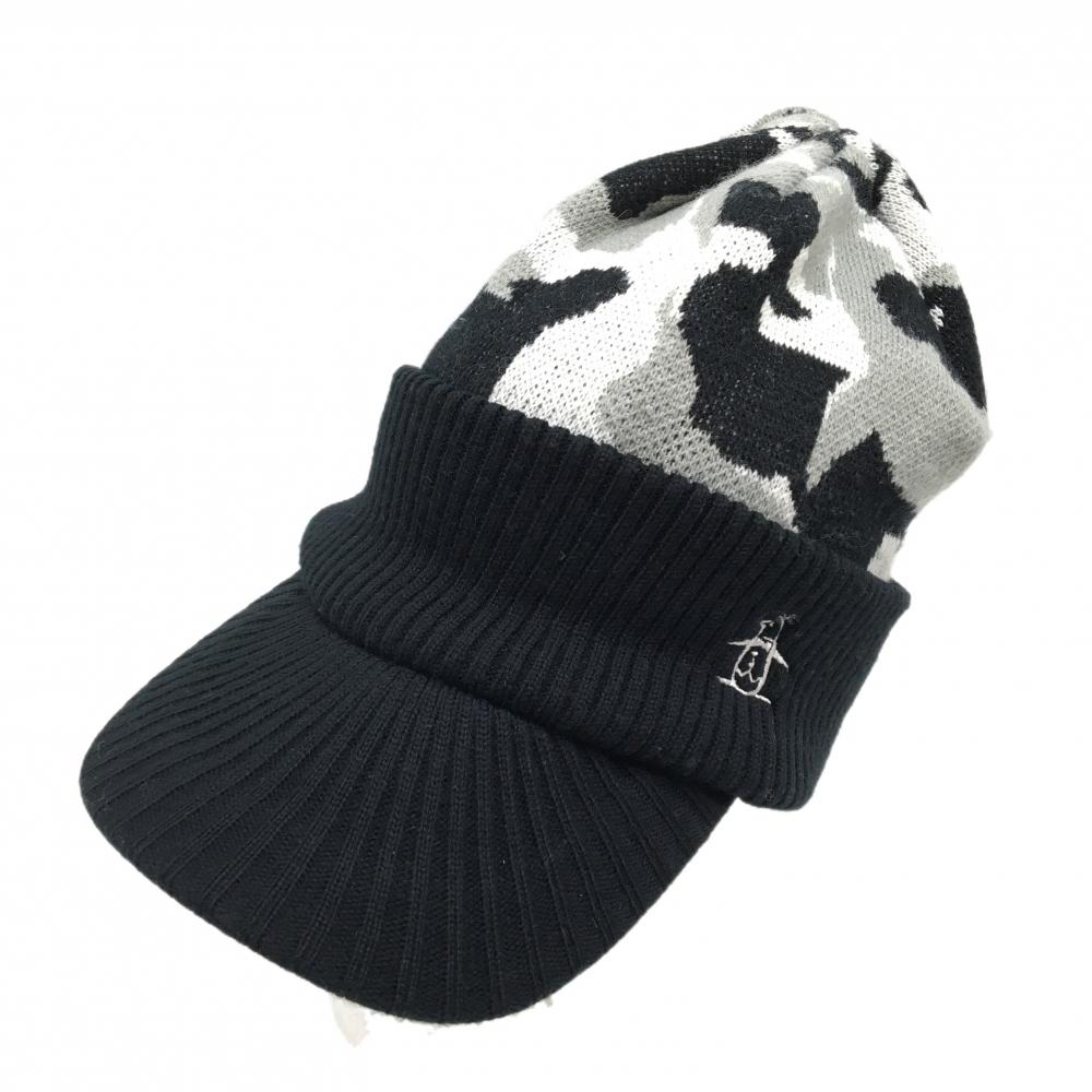 【美品】マンシングウェア つば付きニット帽 黒×グレー カモフラ調 迷彩  ゴルフウェア Munsingwear