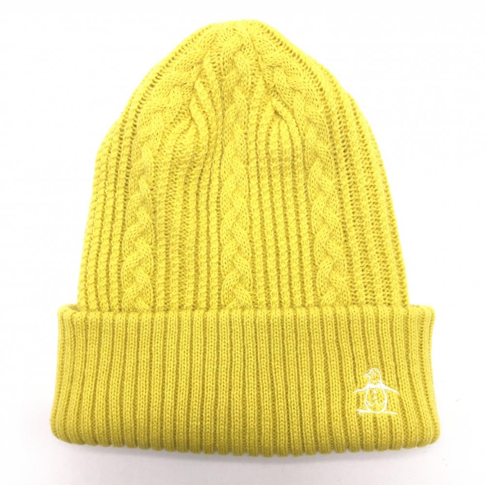 【超美品】マンシングウェア ニット帽 イエロー ケーブル編み ロゴ白 F(55-59cm)  ゴルフウェア Munsingwear