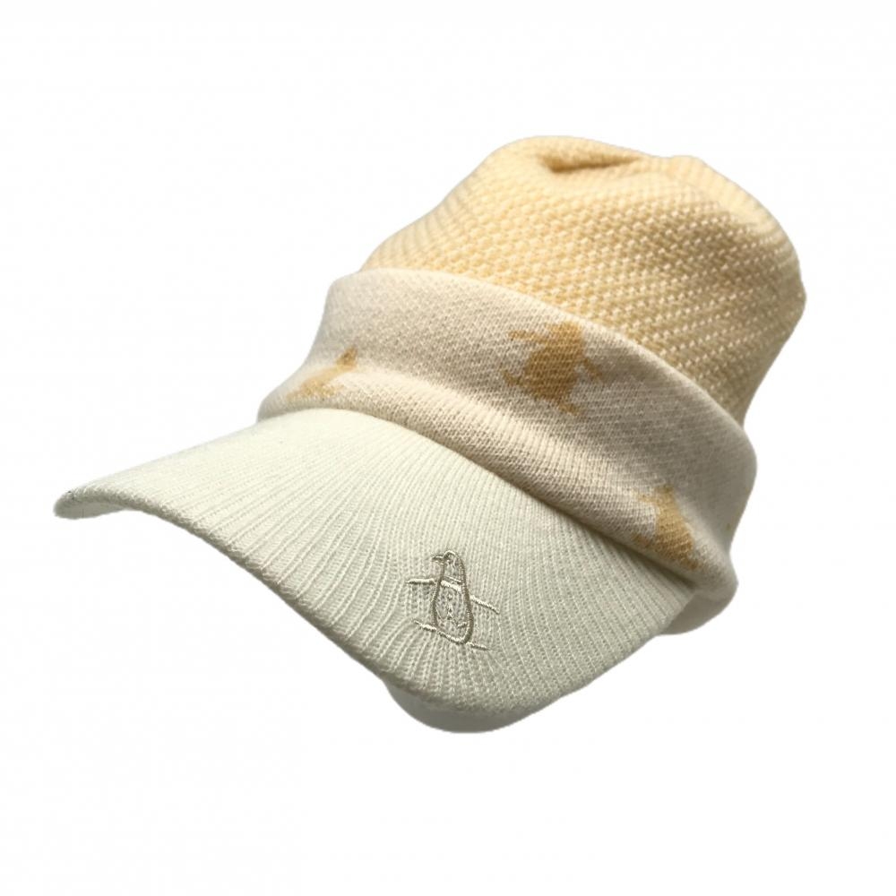 【美品】マンシングウェア つば付きニット帽 アイボリー×ライトオレンジ ロゴ刺しゅう  F(55-59cm)  ゴルフウェア Munsingwear