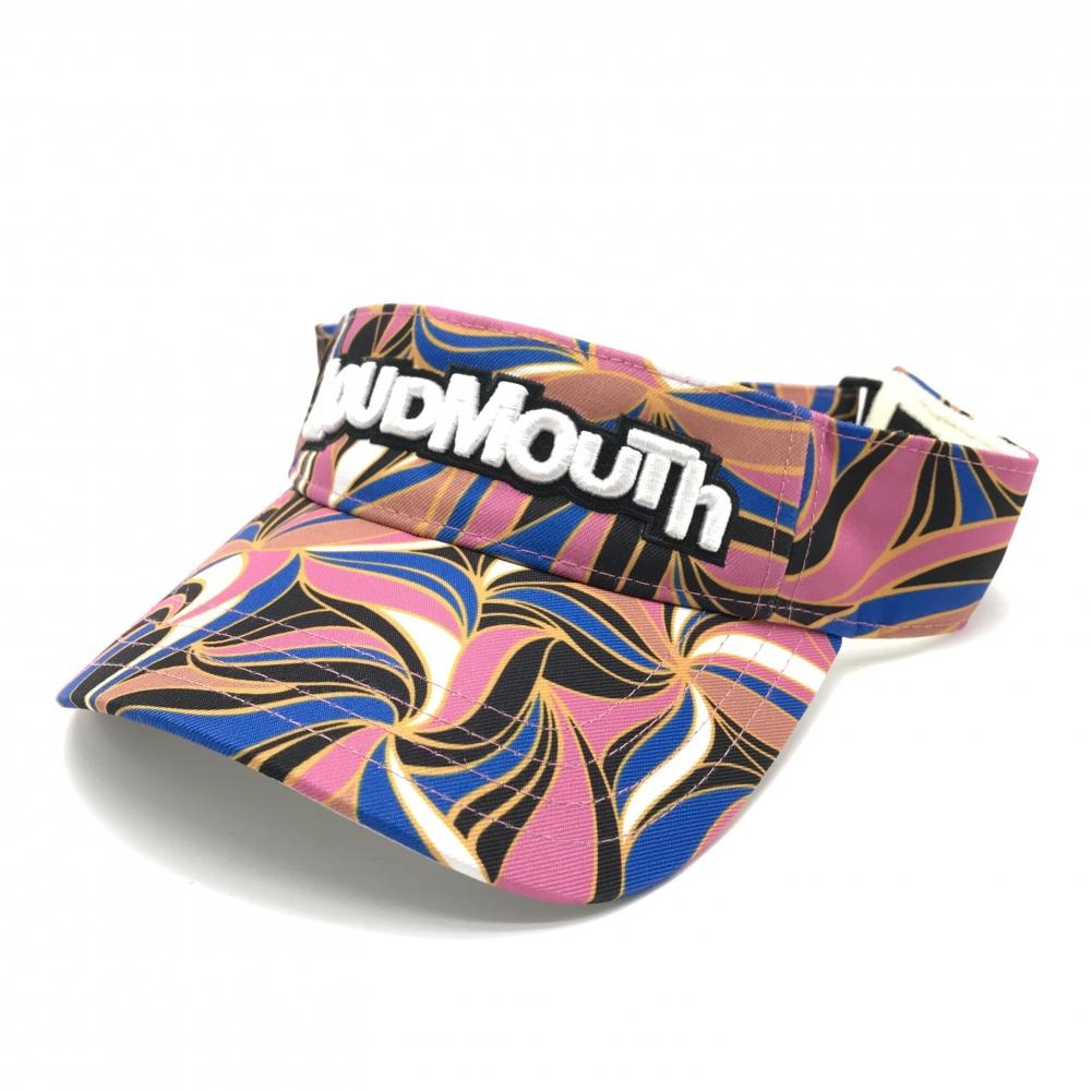 【超美品】ラウドマウス サンバイザー ブラウン×ブルー×ピンク アプリコットブランディー 総柄  ゴルフウェア LOUDMOUTH