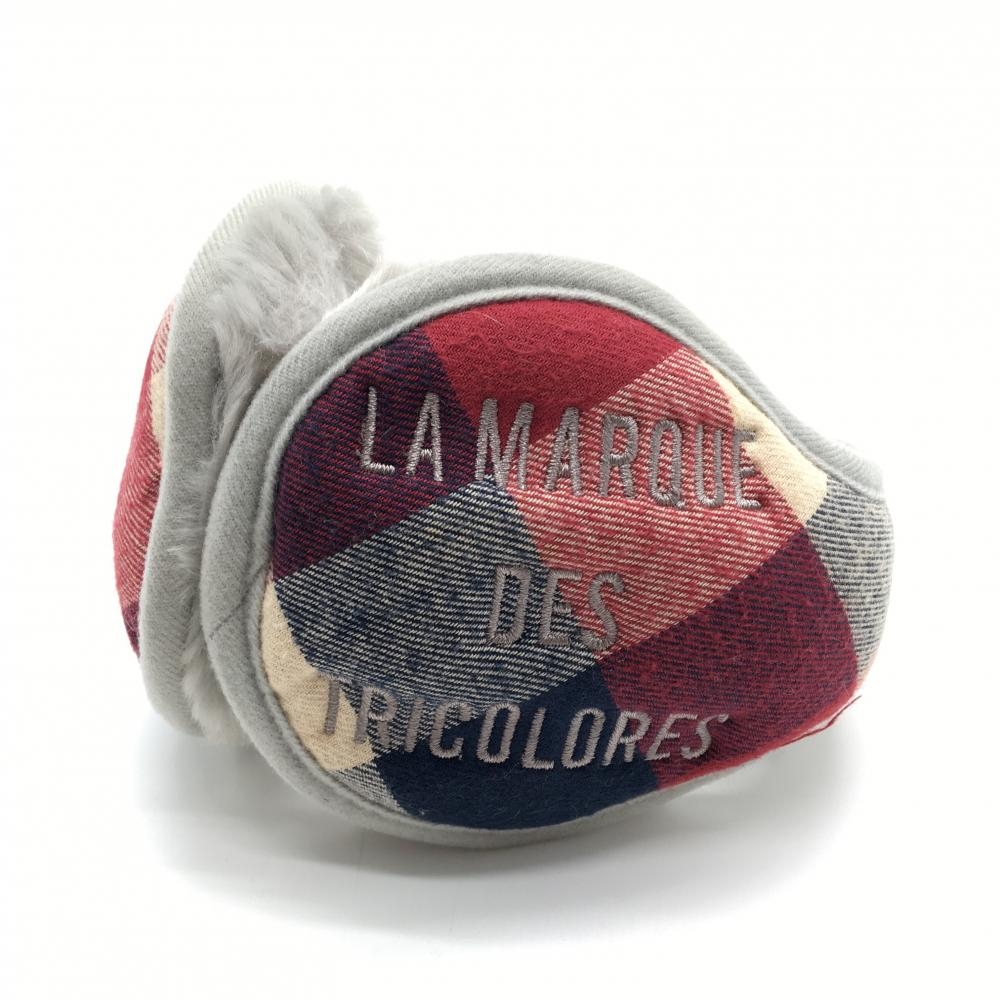 【美品】ルコック イヤーマフ レッド×ネイビー×グレー 内側ボア ロゴ刺しゅう 耳当て  ゴルフウェア le coq sportif