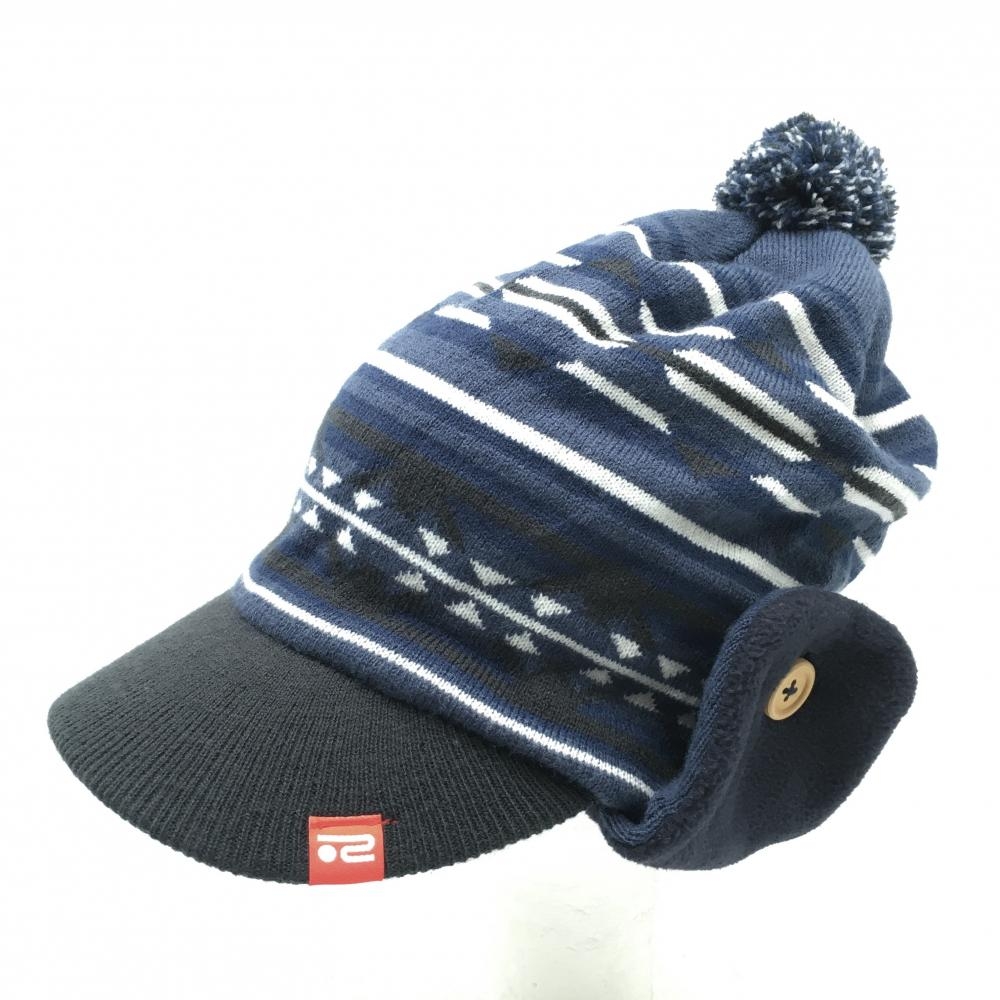 ロサーセン 耳当て付きニット帽 ネイビー×白 総柄 ボンボン付き 00  ゴルフウェア Rosasen