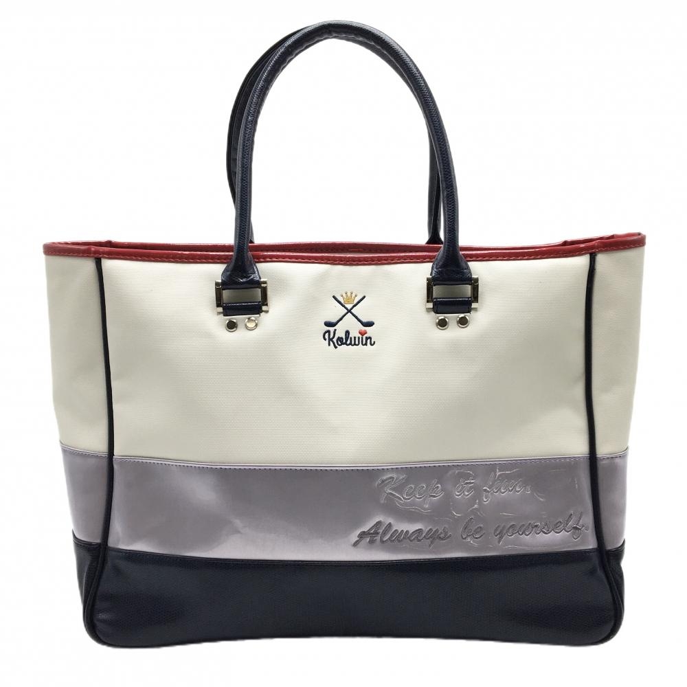 【美品】コルウィン ビッグトートバッグ 白×ネイビー シューズ収納 内ポケット付 ゴルフ Kolwin