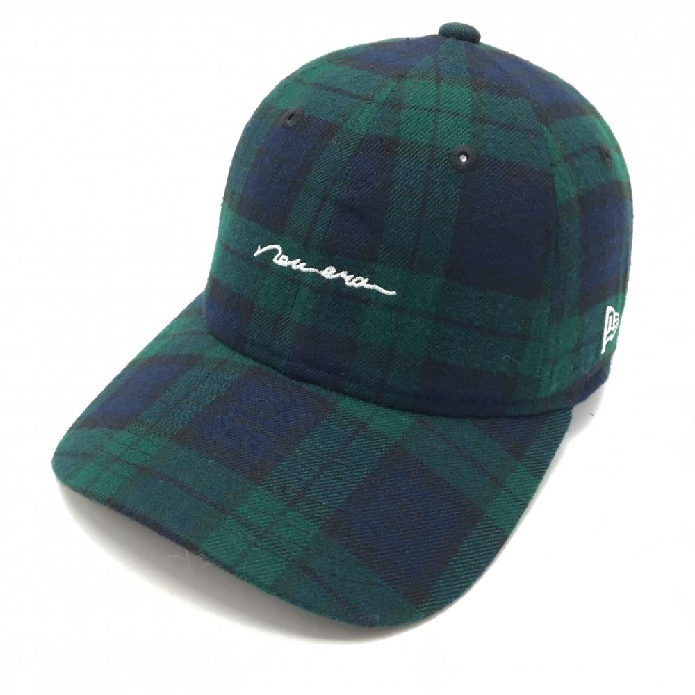 【超美品】ニューエラ キャップ グリーン×ネイビー チェック柄 ロゴ刺しゅう   ゴルフウェア New Era