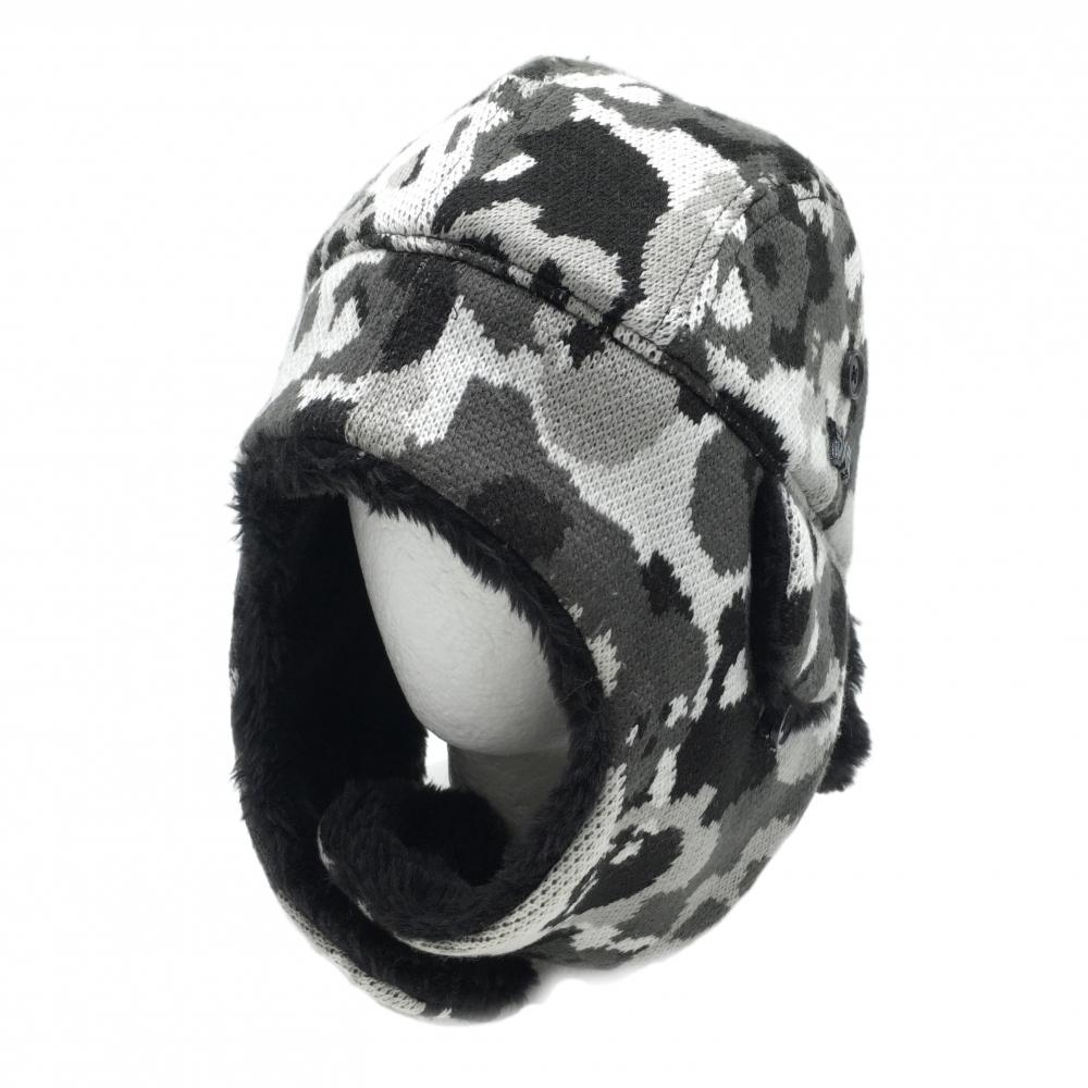 【美品】ニューエラ×PXG 耳当て付きニット帽 白×黒×グレー スカル総柄 裏ボア L  ゴルフウェア New Era