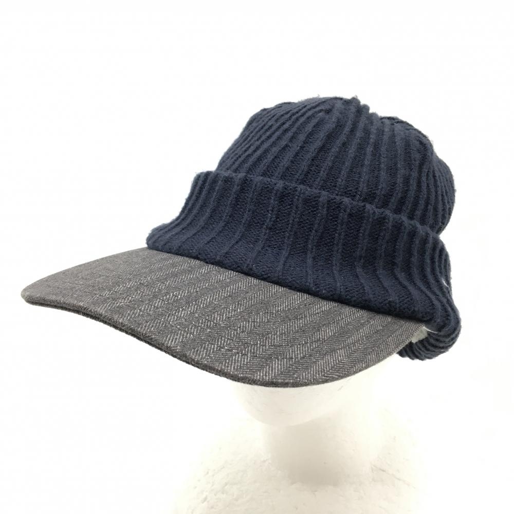 ニューエラ つば付きニット帽 ネイビー×グレー 裏フリース つばヘリンボーン  表記なし  ゴルフウェア New Era