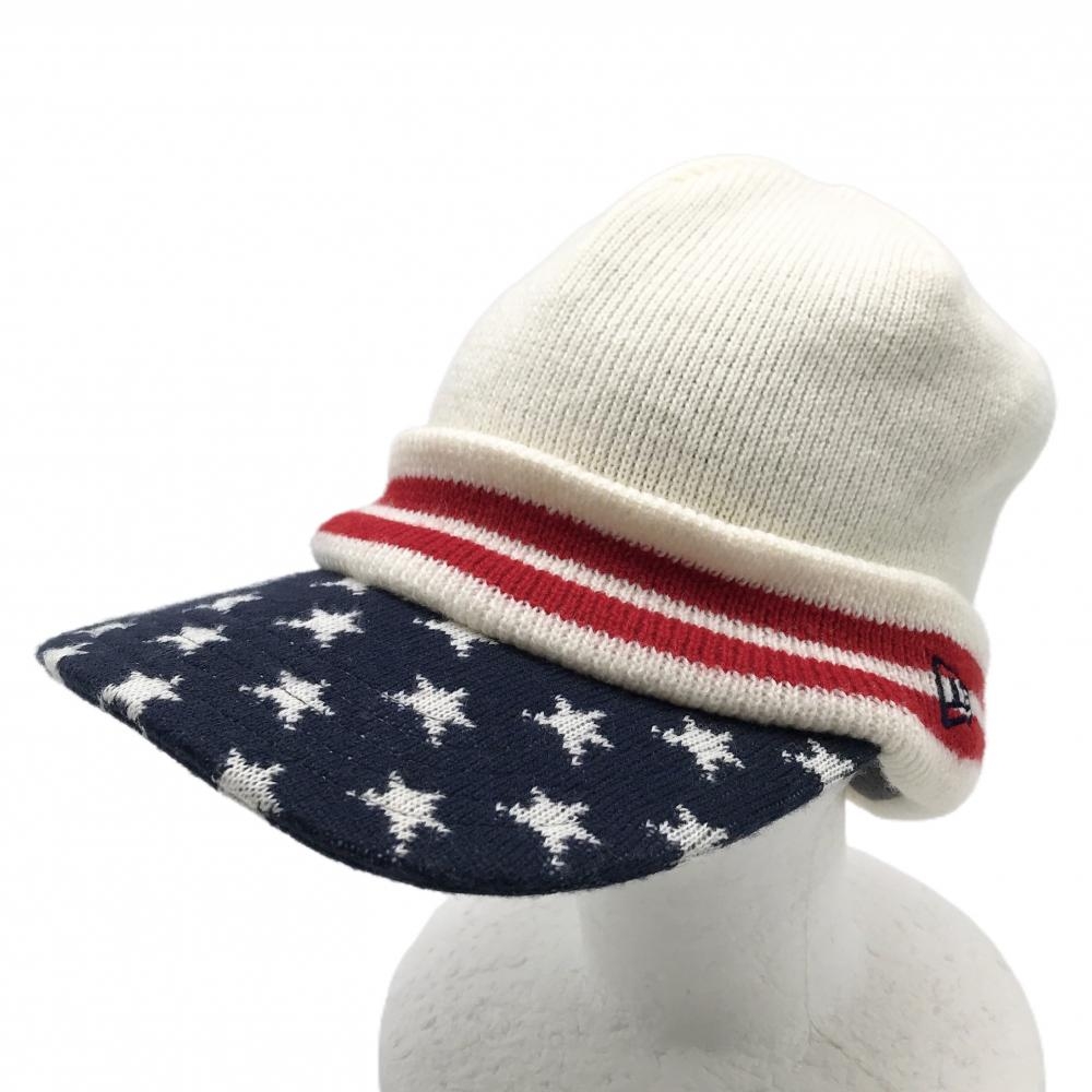 【超美品】ニューエラ つば付きニット帽 白 ロゴ刺しゅう 内側フリース ウール混   ゴルフウェア New Era