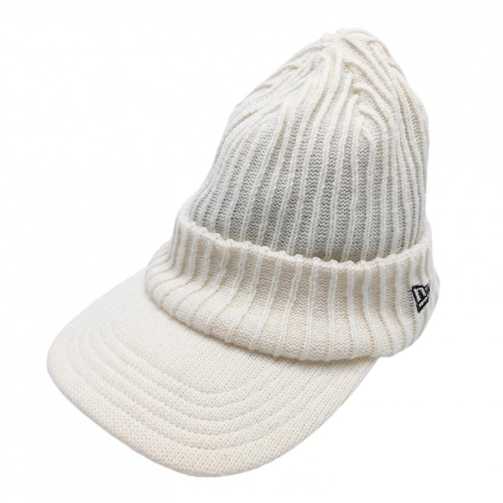 【美品】 ニューエラ つば付きニット帽 白×ネイビー 星条旗 ロゴ刺しゅう 内側フリース ウール混  ゴルフウェア New Era