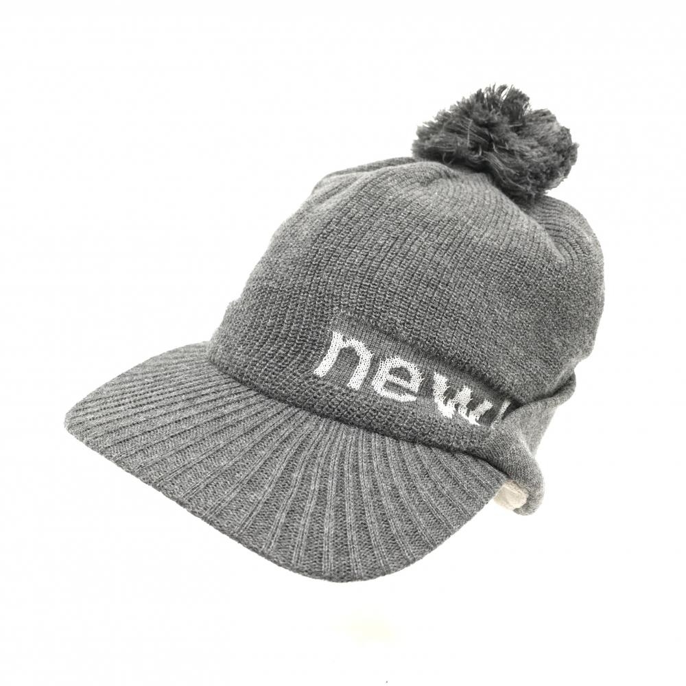 【超美品】ニューバランスゴルフ つば付きニット帽 グレー×白 ウール混 内側起毛 ポンポン付 FR  ゴルフウェア New Balance