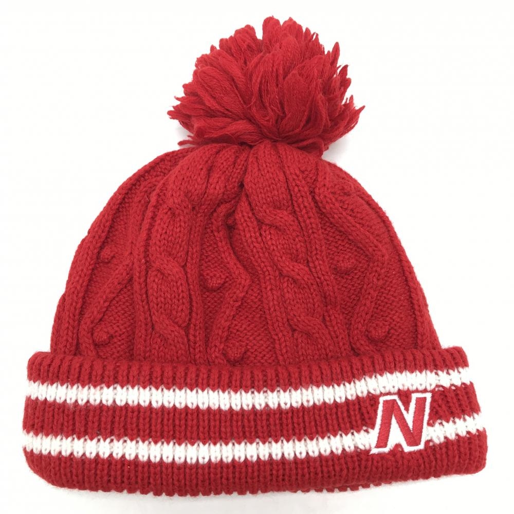 【超美品】ニューバランスゴルフ ニット帽 レッド×白 ボンボン付き 裏フリース ウール混 FR  ゴルフウェア New Balance
