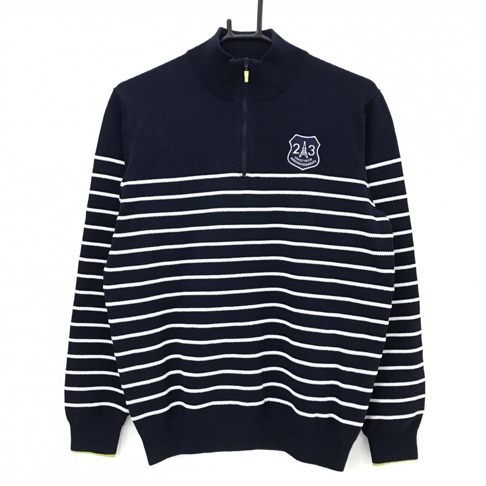 23区ゴルフ ハイネックセーター ネイビー×白 ボーダー ロゴ刺しゅう ニット ハーフジップ  メンズ M ゴルフウェア 23区