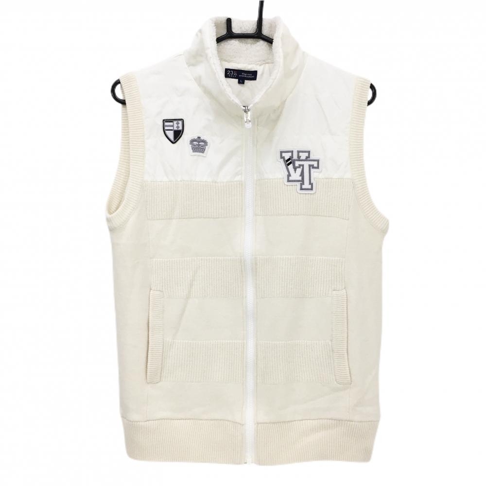 【美品】23区ゴルフ 中綿ニットベスト 白×アイボリー 前上部・背面中綿 襟内側ボア ウール混 メンズ L ゴルフウェア 23区