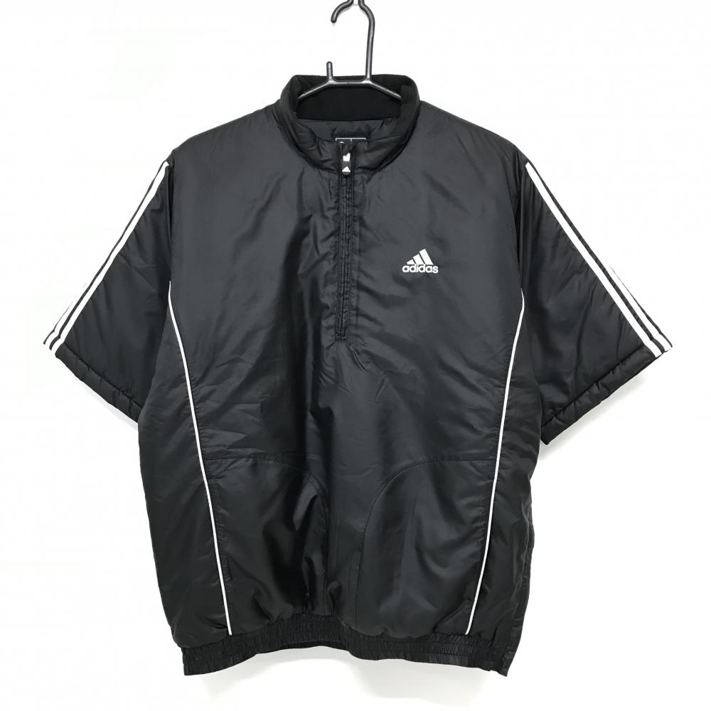 【美品】アディダス 半袖中綿ブルゾン 黒×白 ハーフジップ 3ライン ロゴ刺しゅう メンズ L/G ゴルフウェア adidas