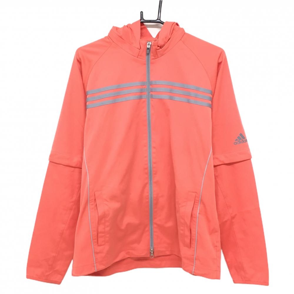 アディダス 2WAYフード付きジャケット オレンジピンク×グレー 胸元3ライン ロゴプリント メンズ O/XG ゴルフウェア adidas