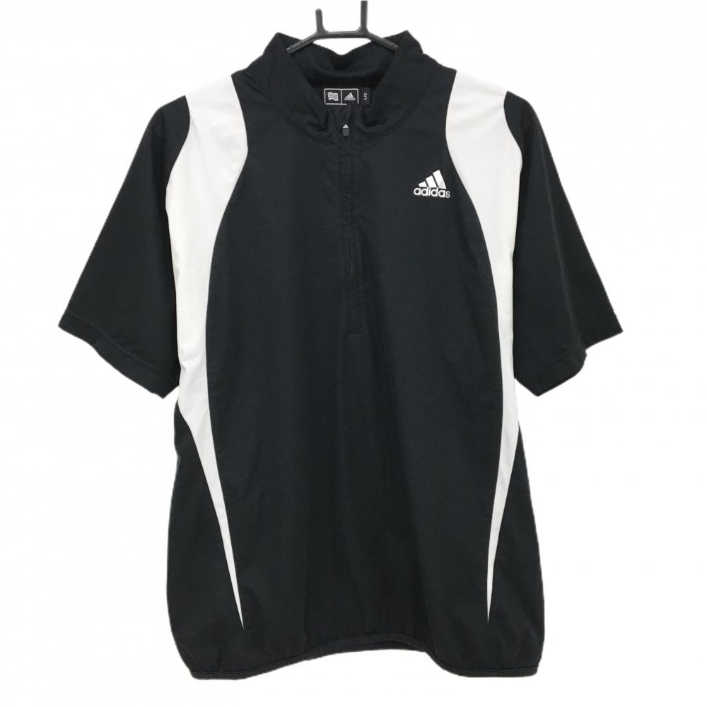 【超美品】アディダス 半袖ブルゾン 黒×白 ハーフジップ ロゴ 後ろ3ライン メンズ L/G ゴルフウェア adidas