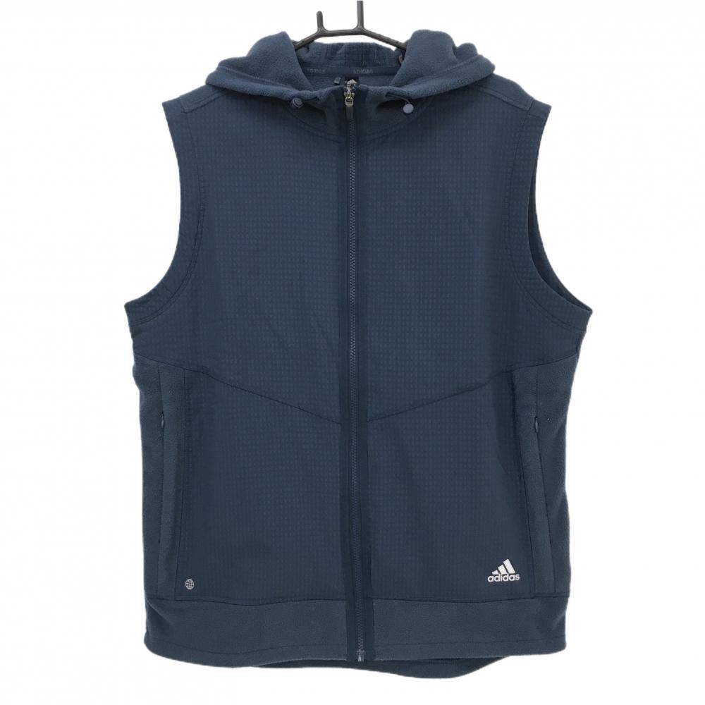 【超美品】アディダス フード付きフリースベスト スモーキーブルー 前身頃総柄 裾ロゴ メンズ 2XL ゴルフウェア adidas