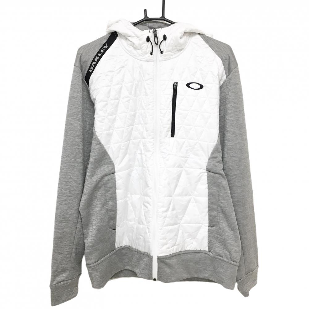【超美品】オークリー フード付き切替中綿ジャケット 白×杢グレー フード・前身頃中綿 肩ロゴ メンズ XL ゴルフウェア Oakley