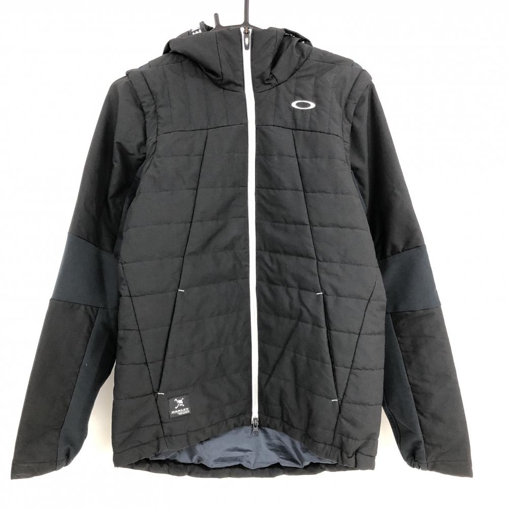 【美品】オークリー 2WAY中綿ジャケット 黒 フード内側総柄 袖着脱可 メンズ L ゴルフウェア Oakley