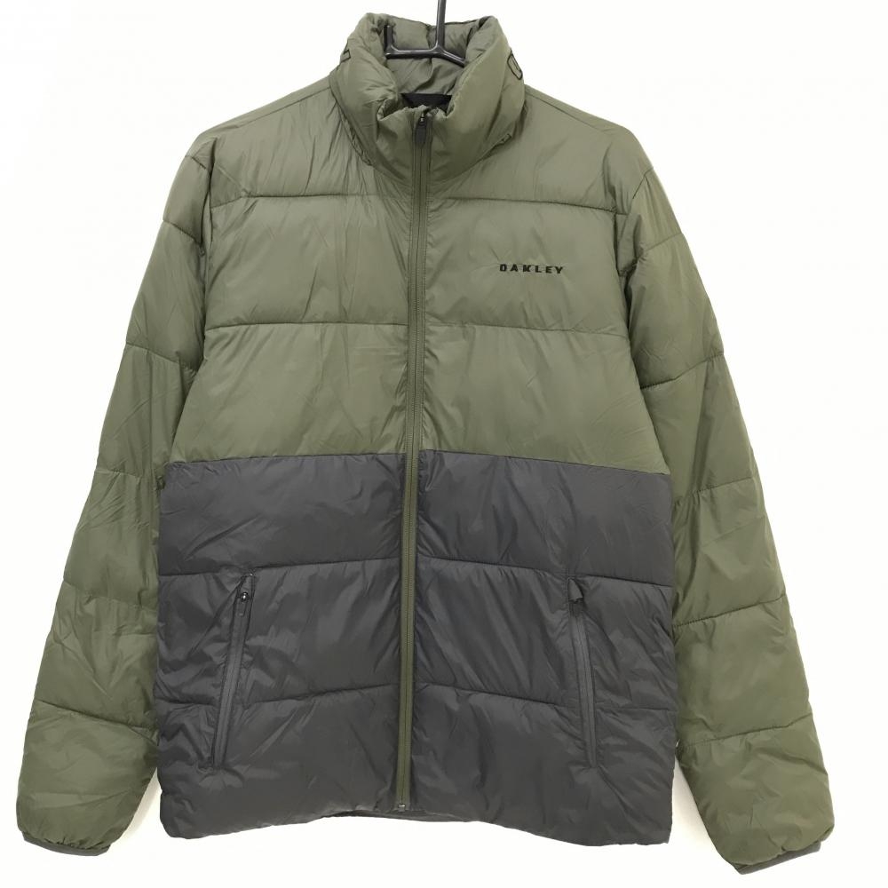 オークリー 中綿ジャケット カーキ×グレー ロゴ黒 フード収納  メンズ M ゴルフウェア Oakley