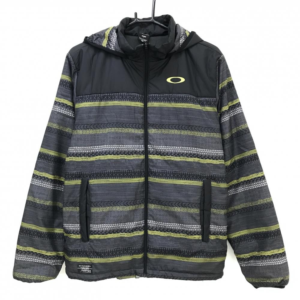 【美品】オークリー フード付中綿ジャケット グレー×イエロー 一部ボーダー風 裏微起毛  メンズ MEDIUM ゴルフウェア Oakley