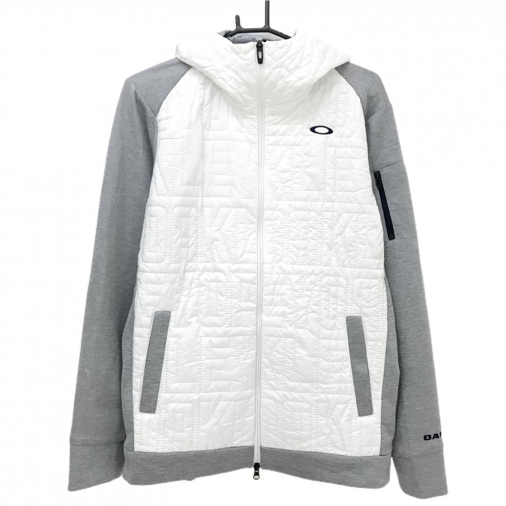 【美品】オークリー フード付き切替中綿ジャケット 白×グレー 前身頃・フード中綿 英字キルティング メンズ XL ゴルフウェア Oakley