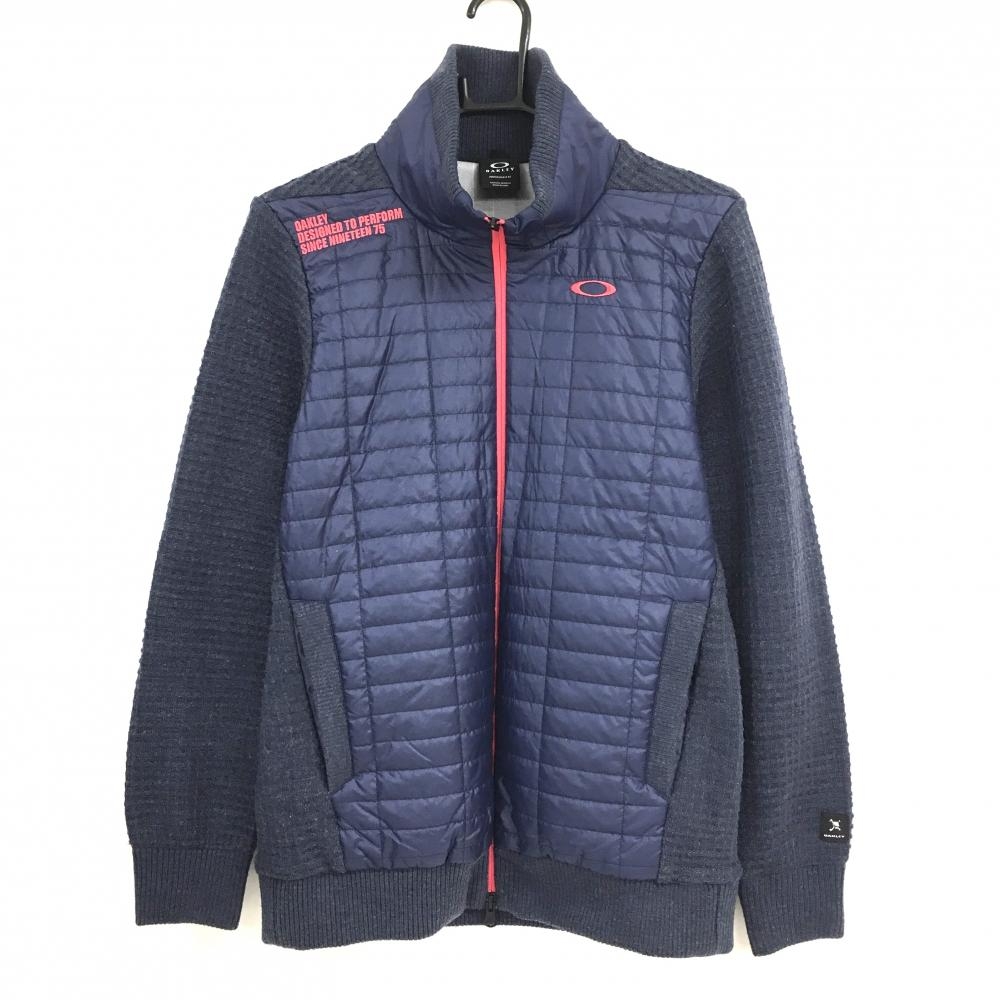 オークリー 切替中綿ジャケット ネイビー×ピンク 袖・後ろ身頃ニット格子編み ダブルジップ 蓄熱裏地  メンズ M ゴルフウェア Oakley