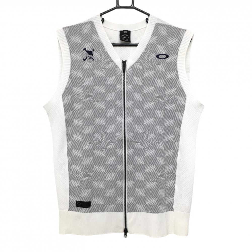 オークリー アウターベスト 白×グレー 前身頃柄 背面一部・サイド透かし編み メンズ XL ゴルフウェア Oakley