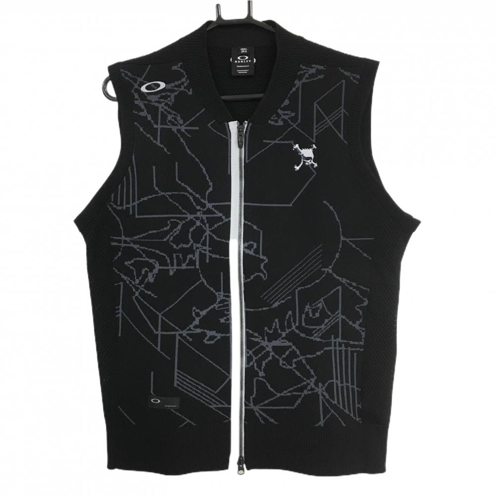 【超美品】オークリー ニットジップベスト 黒×グレー 前総柄 ロゴ刺しゅう ダブルジップ メンズ XL ゴルフウェア Oakley