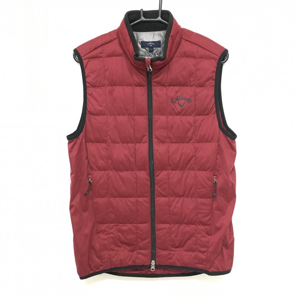【美品】キャロウェイ 中綿ベスト レッド系×黒 ダイヤ柄地模様 襟裏フリース メンズ L ゴルフウェア Callaway