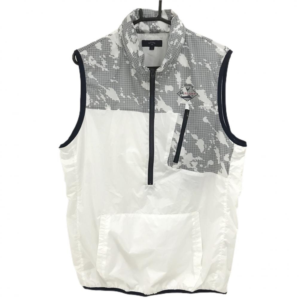 キャロウェイ アウターベスト 白×グレー 上部格子柄 フード収納可 ロゴプリント  メンズ LL ゴルフウェア Callaway
