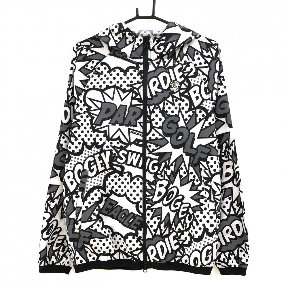 【美品】ジャックバニー フード付きジャケット 白×黒 総柄 シリコンワッペン フードドローコード メンズ 4(M) ゴルフウェア Jack Bunny 画像