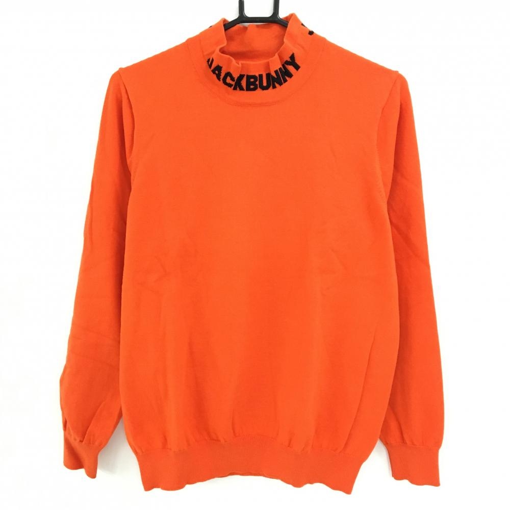 【美品】ジャックバニー ハイネックセーター オレンジ×黒 ネックロゴ コットン混 ニット メンズ 5(L) ゴルフウェア Jack Bunny