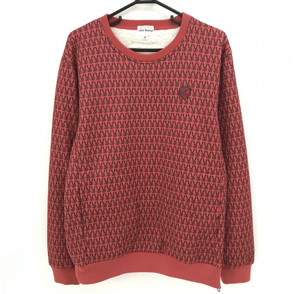 【美品】ジャックバニー トレーナー レッド×黒 ロゴ総柄 内側ボア サイドジップ  メンズ 6(XL) ゴルフウェア Jack Bunny