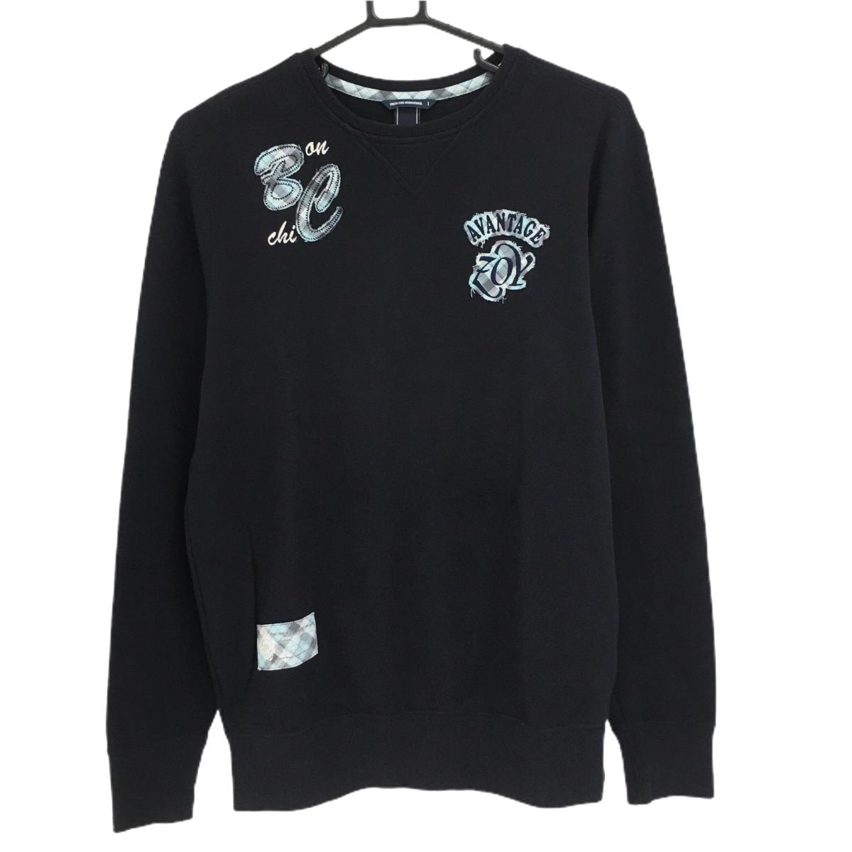 【美品】ゾーイ トレーナー ダークネイビー×ライトブルー ダメージ加工ワッペン 薄手 綿100％ メンズ 1(S) ゴルフウェア ZOY