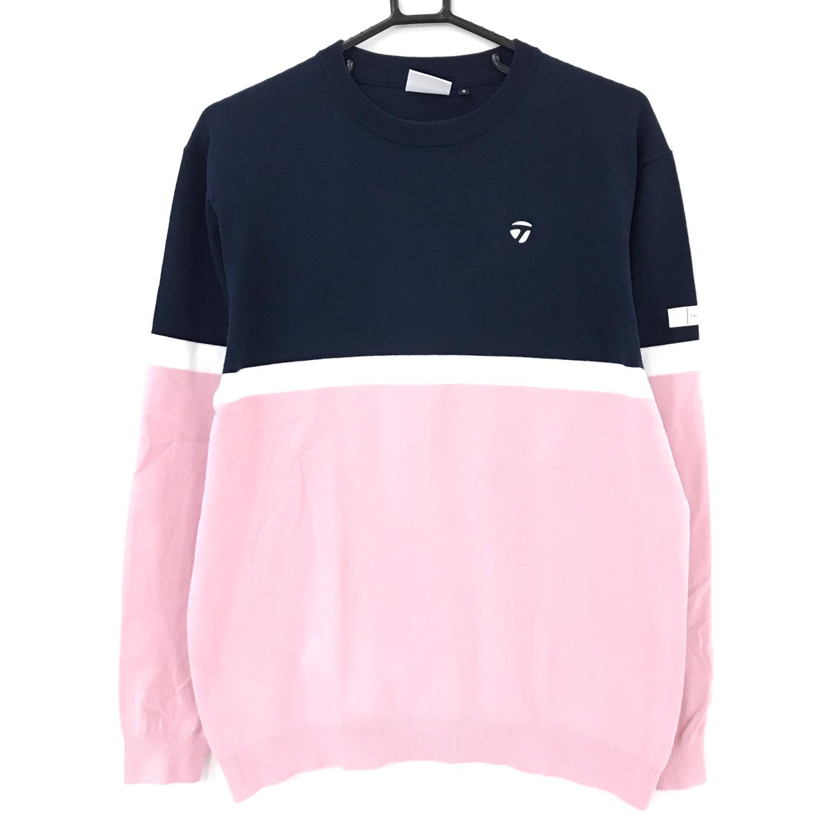 【美品】テーラーメイド セーター ネイビー×ピンク 立体ロゴ 綿混 ニット メンズ O ゴルフウェア TaylorMade