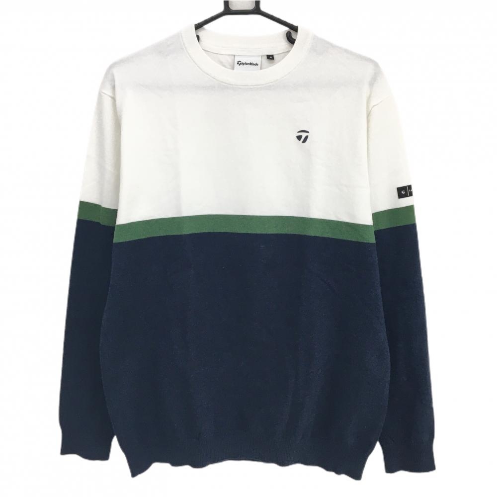 【美品】テーラーメイド セーター 白×ネイビー 立体ロゴ 綿混 ニット メンズ O(XL) ゴルフウェア TaylorMade