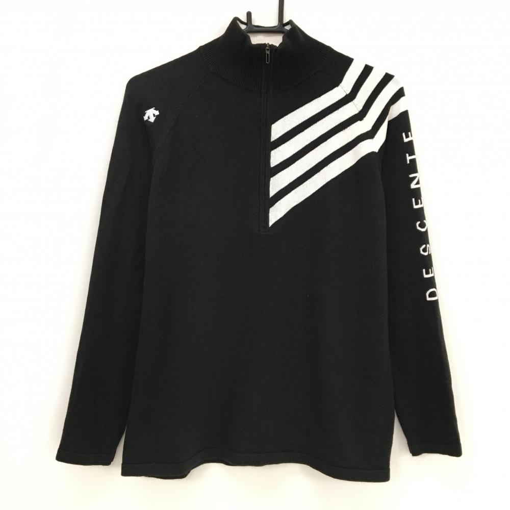 デサントゴルフ ハイネックセーター 黒×白 肩ロゴ ハーフジップ ニット メンズ L ゴルフウェア DESCENTE