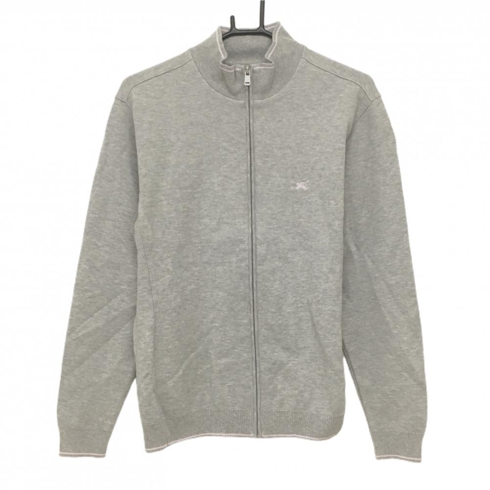 【超美品】バーバリーゴルフ ジャケット ライトグレー ネック・裾ピンクライン 綿100％ メンズ M ゴルフウェア BURBERRY GOLF