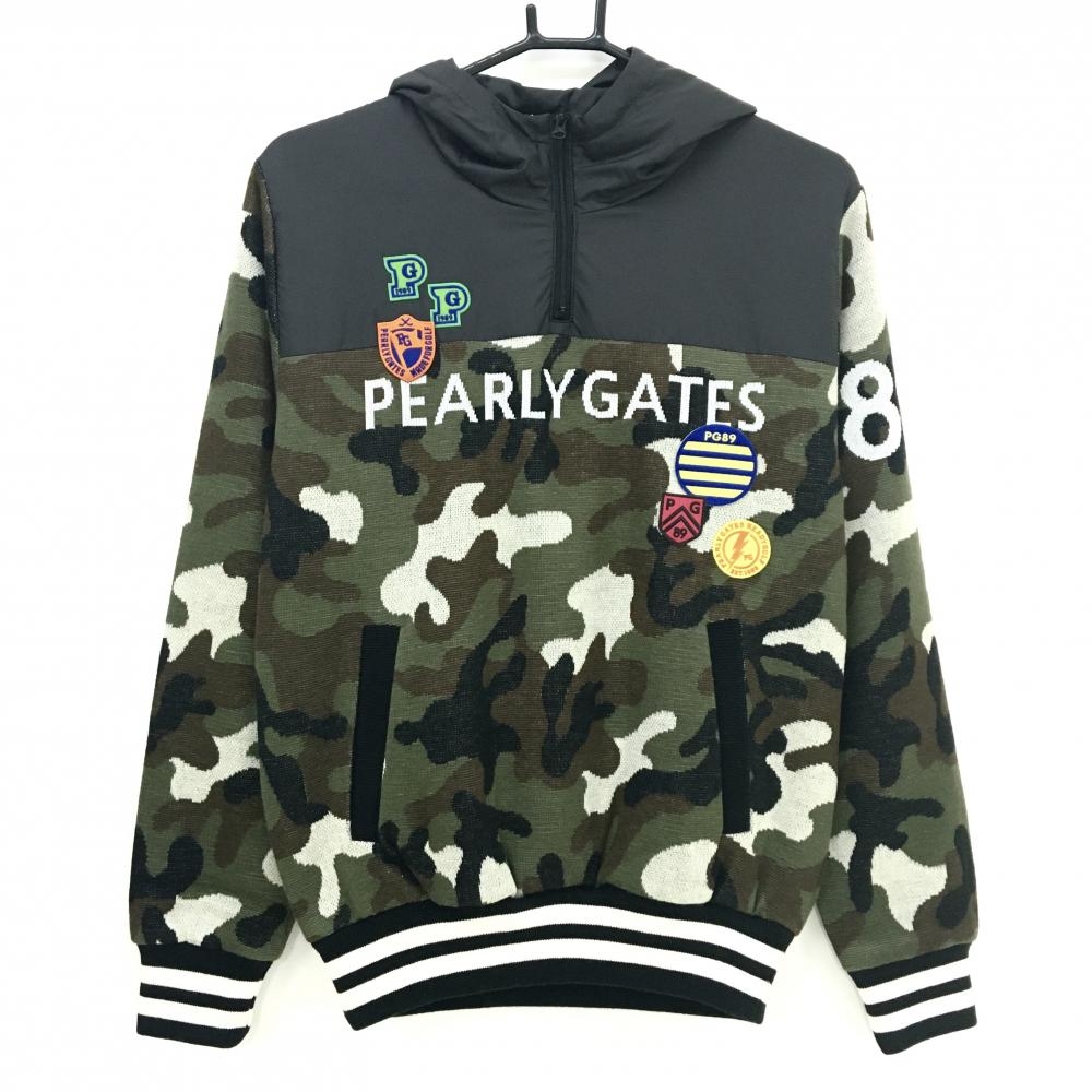 【新品】パーリーゲイツ 中綿ニットブルゾン カーキ×黒 一部迷彩 上部中綿 フード 日本製 メンズ 4(M) ゴルフウェア PEARLY GATES