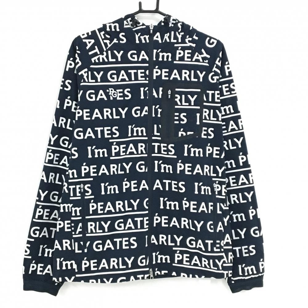 美品】パーリーゲイツ ジップパーカー ネイビー×白 ロゴ総柄 ダブル