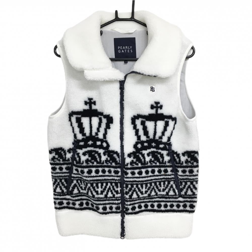 【美品】パーリーゲイツ ボアベスト 白×ダークネイビー 前面下部柄 蓄熱裏地 メンズ 4(M) ゴルフウェア PEARLY GATES