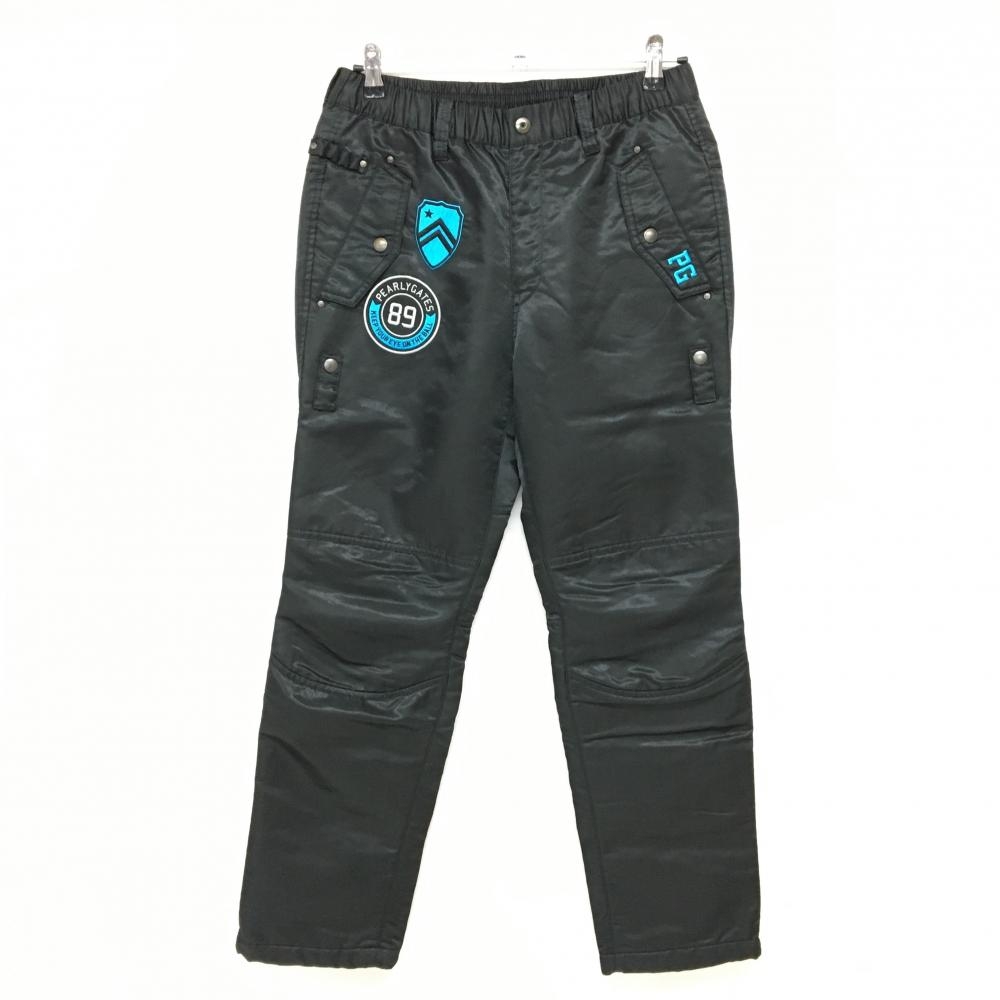 美品】パーリーゲイツ 中綿パンツ 黒×ブルー系 ロゴワッペン 裾ドロー