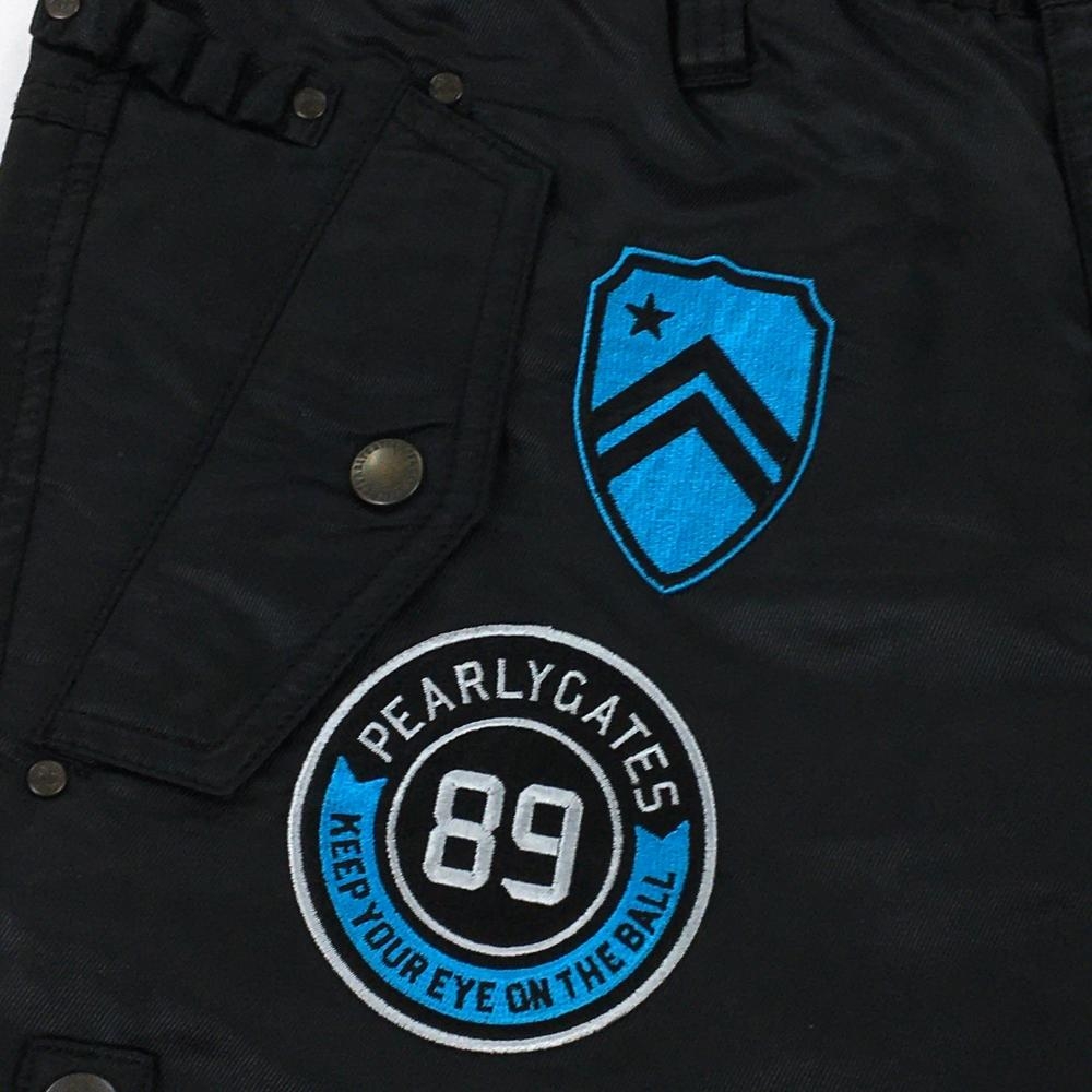 美品】パーリーゲイツ 中綿パンツ 黒×ブルー系 ロゴワッペン 裾ドロー