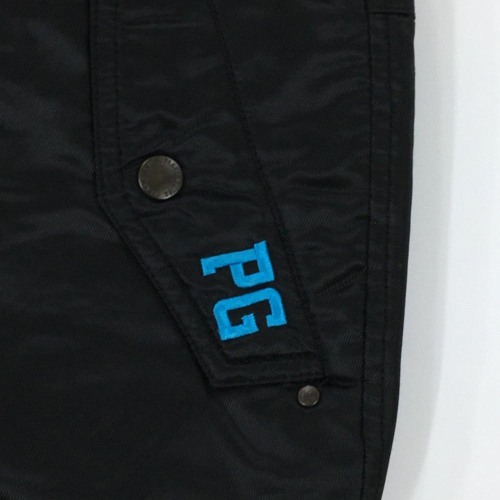 美品】パーリーゲイツ 中綿パンツ 黒×ブルー系 ロゴワッペン 裾ドロー