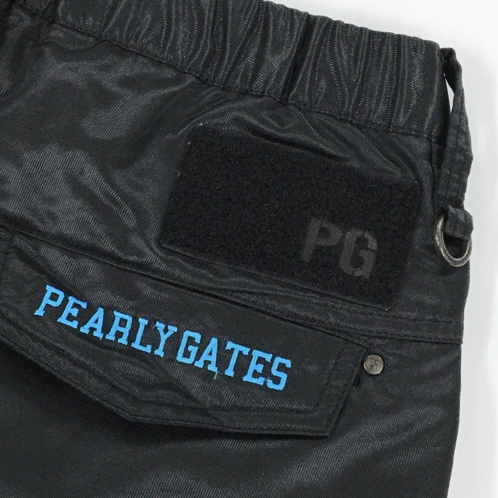 美品】パーリーゲイツ 中綿パンツ 黒×ブルー系 ロゴワッペン 裾ドロー