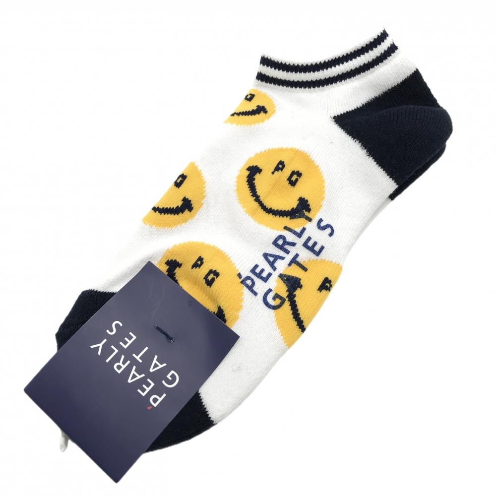 【新品】パーリーゲイツ アンクルソックス 白×イエロー ニコちゃん 日本製 スマイル メンズ FR 25-27 ゴルフウェア PEARLY GATES
