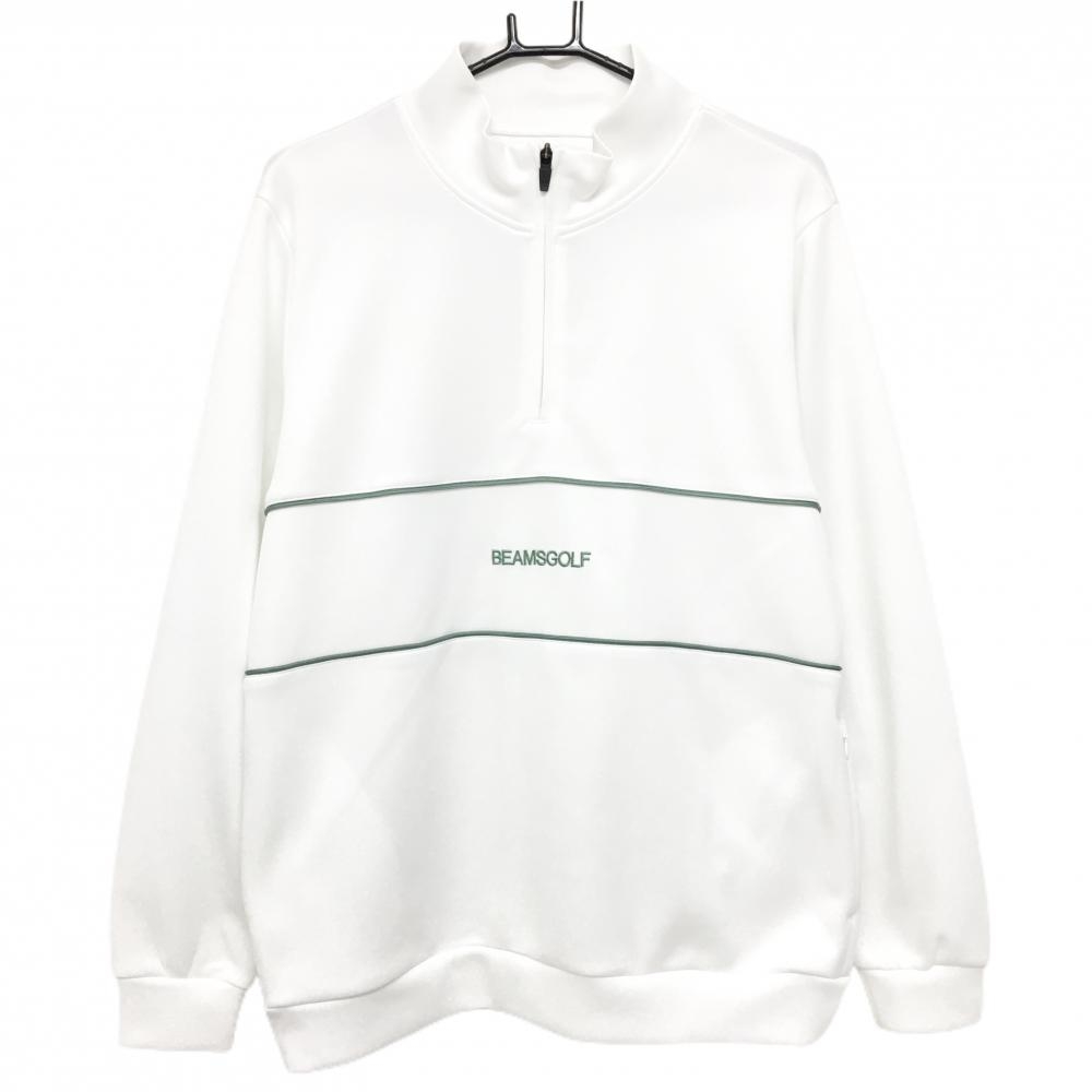 【超美品】ビームスゴルフ ハイネックトレーナー 白×スモーキーグリーン系 ハーフジップ メンズ L ゴルフウェア 2023年モデル BEAMS GOLF